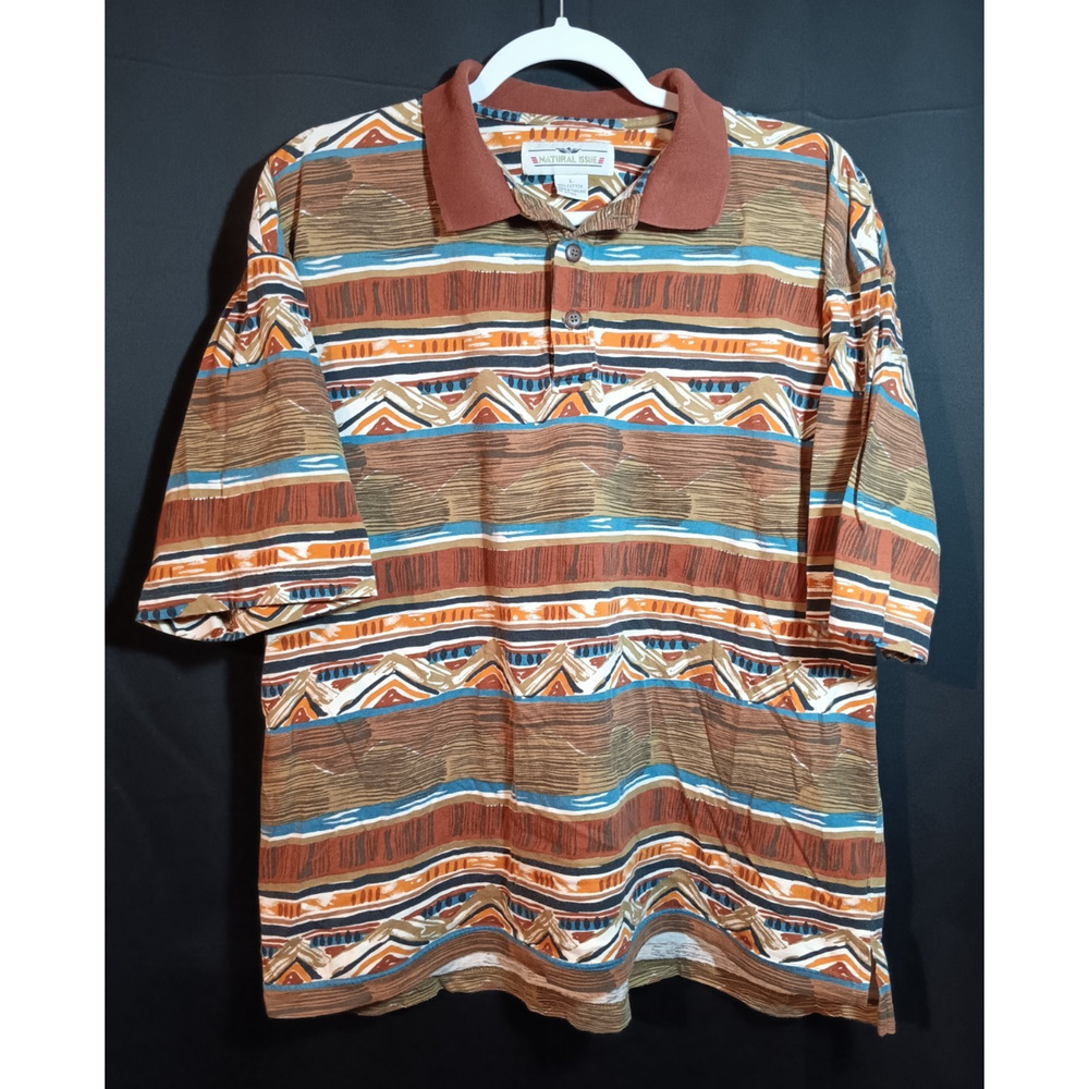 Natural Issue Polo Shirt Men Large Brown Aztec All Over Print Vtg 90s Streetwear